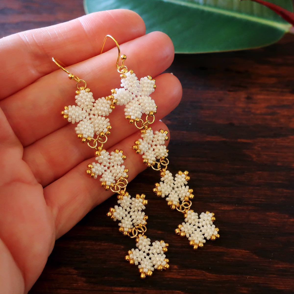 Heart in Hawaii 4x Plumeria Beaded Long Dangles - Pearly White with Gold