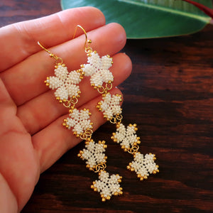 Heart in Hawaii 4x Plumeria Beaded Long Dangles - Pearly White with Gold