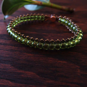 Temple Tree Boho Glass Bead Caterpillar Weave Bracelet - Peridot Green and Bronze