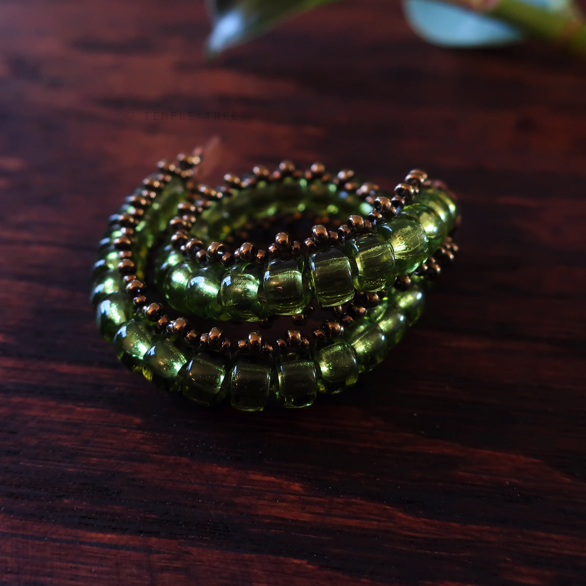Temple Tree Boho Glass Bead Caterpillar Weave Bracelet - Peridot Green and Bronze