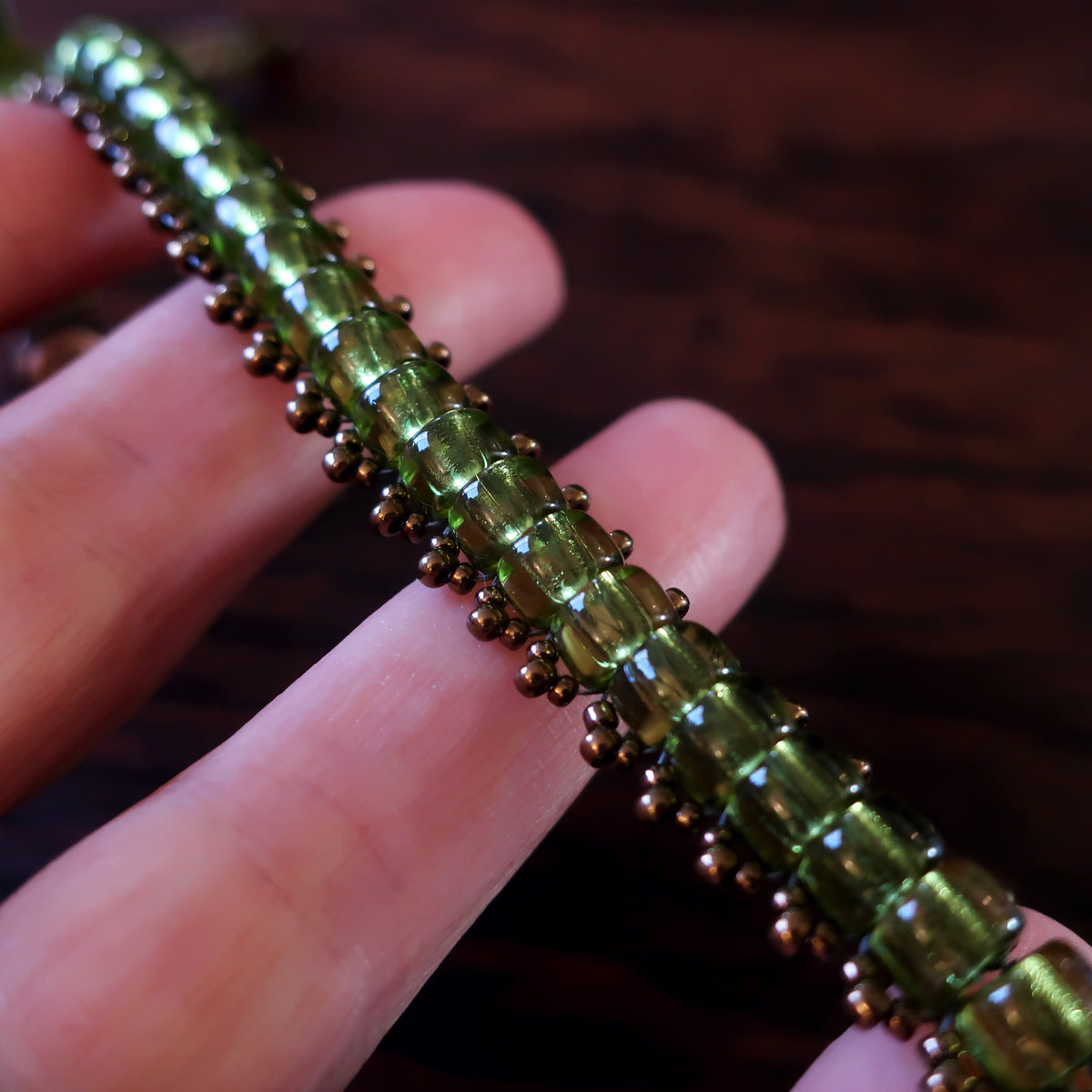 Temple Tree Boho Glass Bead Caterpillar Weave Bracelet - Peridot Green and Bronze