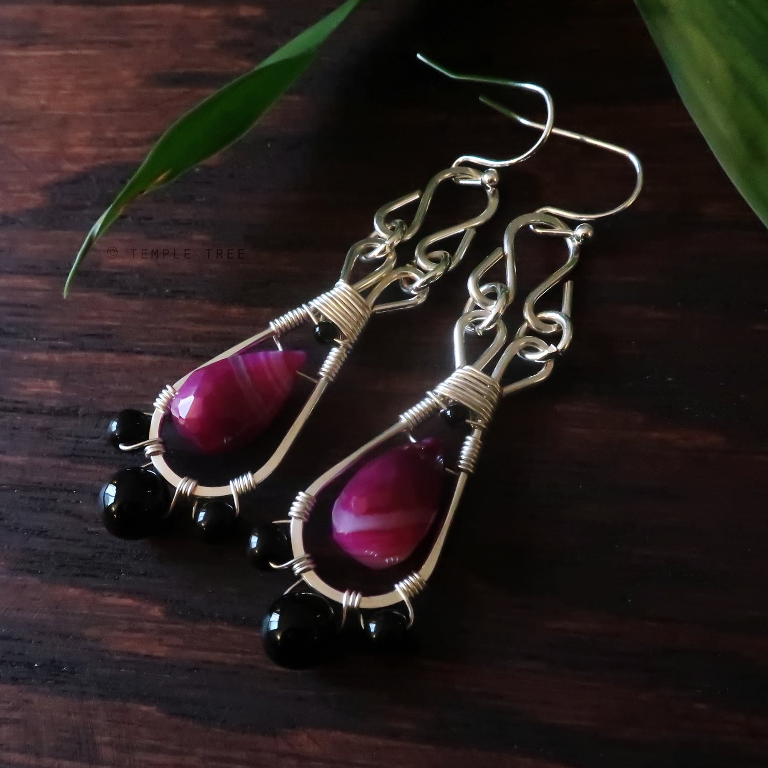 Temple Tree Silver-Plated Pendulum Dangle Earrings - Pink Banded Agate