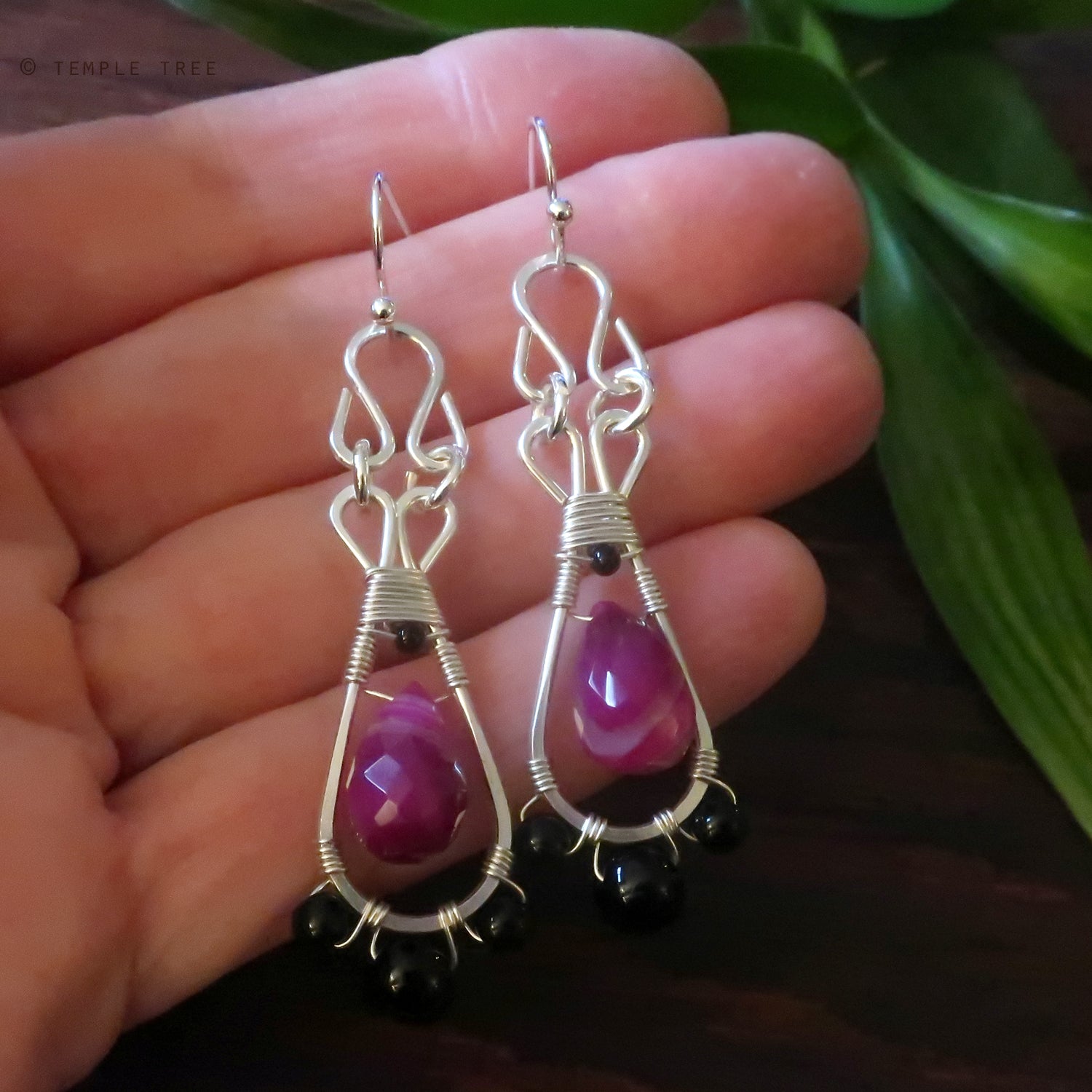 Temple Tree Silver-Plated Pendulum Dangle Earrings - Pink Banded Agate