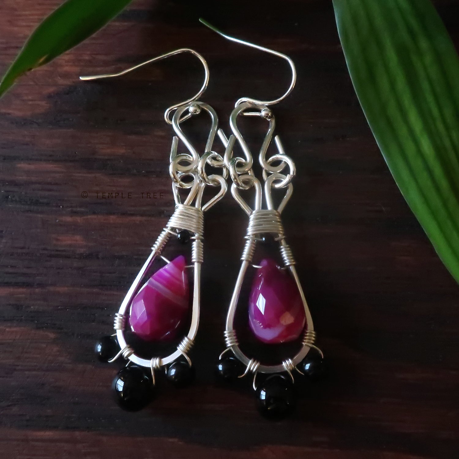 Temple Tree Silver-Plated Pendulum Dangle Earrings - Pink Banded Agate