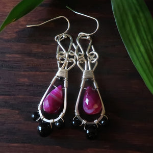 Temple Tree Silver-Plated Pendulum Dangle Earrings - Pink Banded Agate
