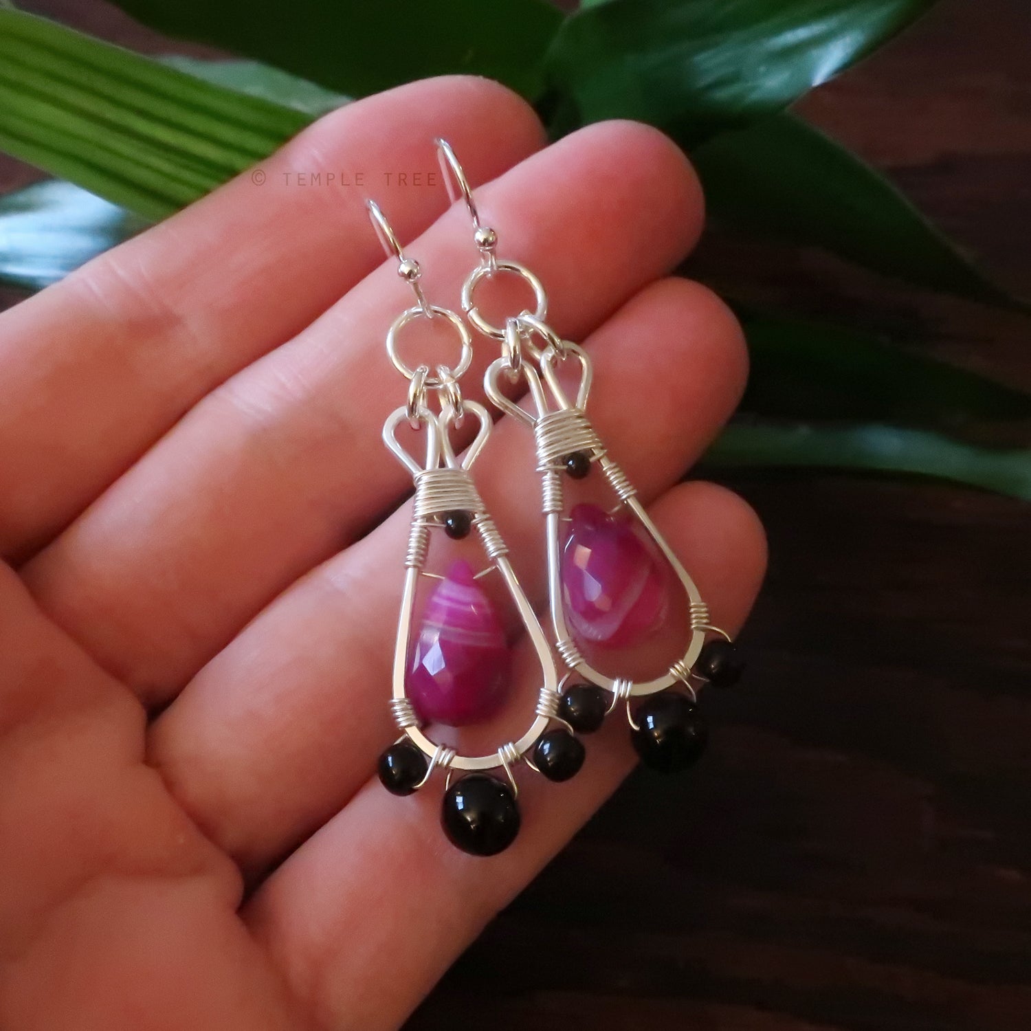 Temple Tree Silver-Plated Pendulum Dangle Earrings - Pink Banded Agate