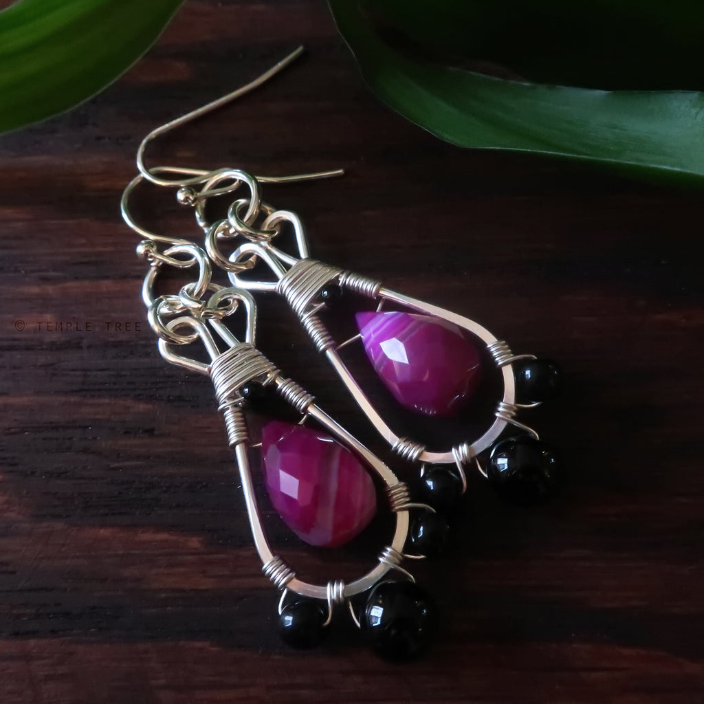 Temple Tree Silver-Plated Pendulum Dangle Earrings - Pink Banded Agate