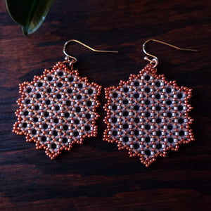 Temple Tree Hexagon Mandala Earrings - Pink Satin with Copper - Large