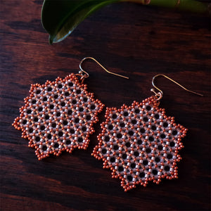 Temple Tree Hexagon Mandala Earrings - Pink Satin with Copper - Large