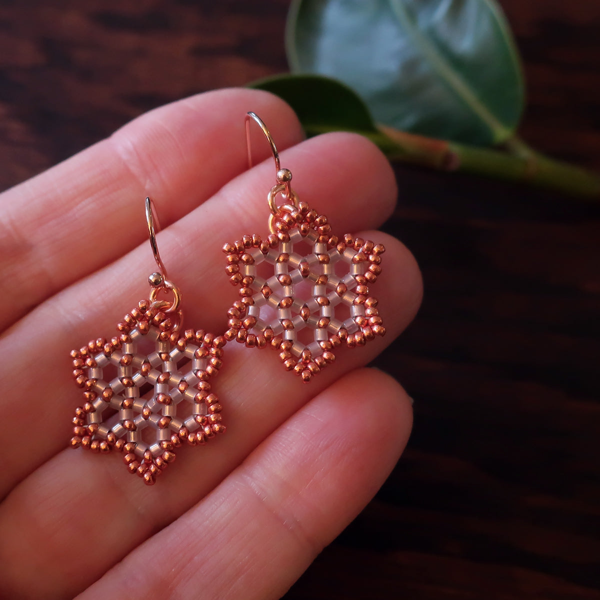 Temple Tree Hexagon Mandala Earrings - Pink Satin with Copper - Tiny
