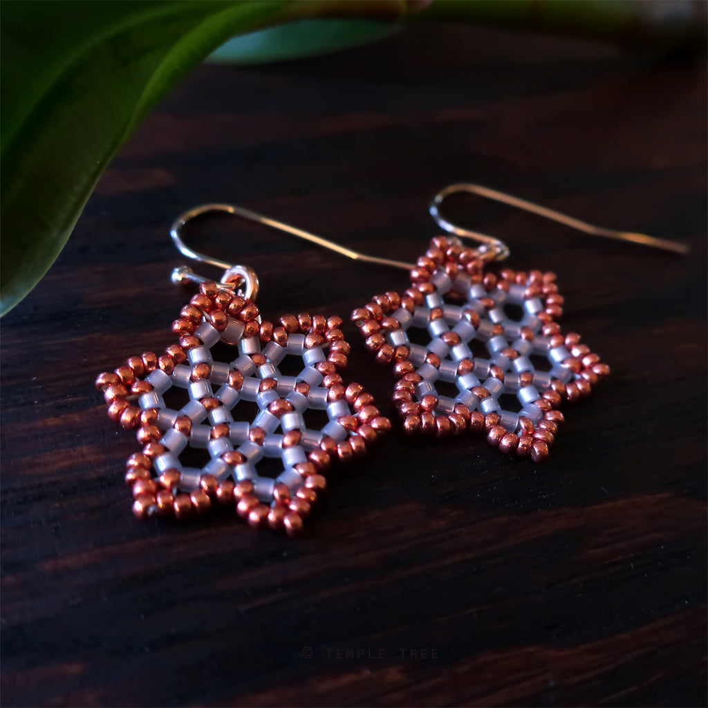 Temple Tree Hexagon Mandala Earrings - Pink Satin with Copper - Tiny