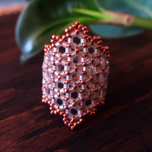 Temple Tree Hexagon Mandala Beaded Ring - Pink Satin with Copper