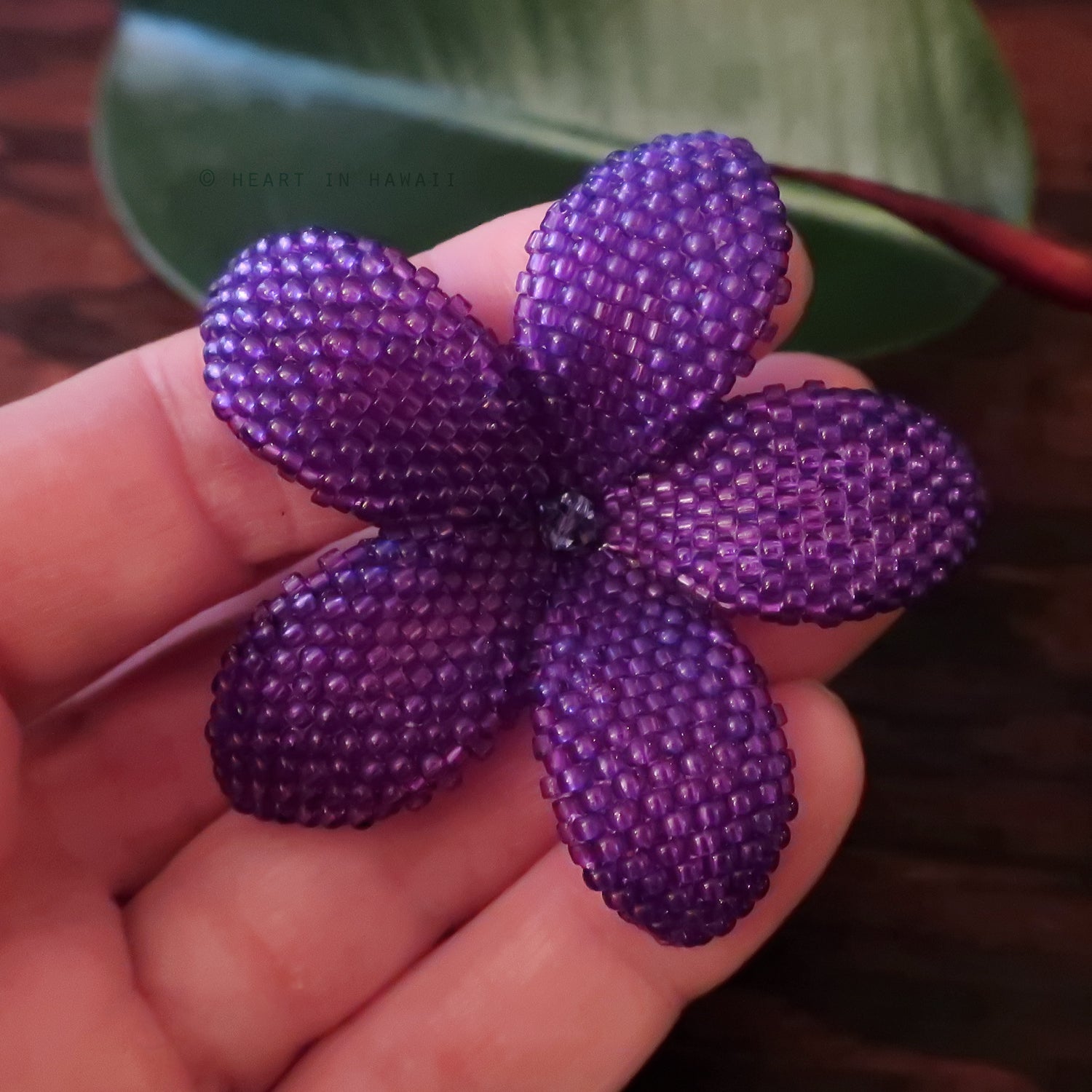 Heart in Hawaii 2 Inch Beaded Plumeria Flower Brooch - Purple