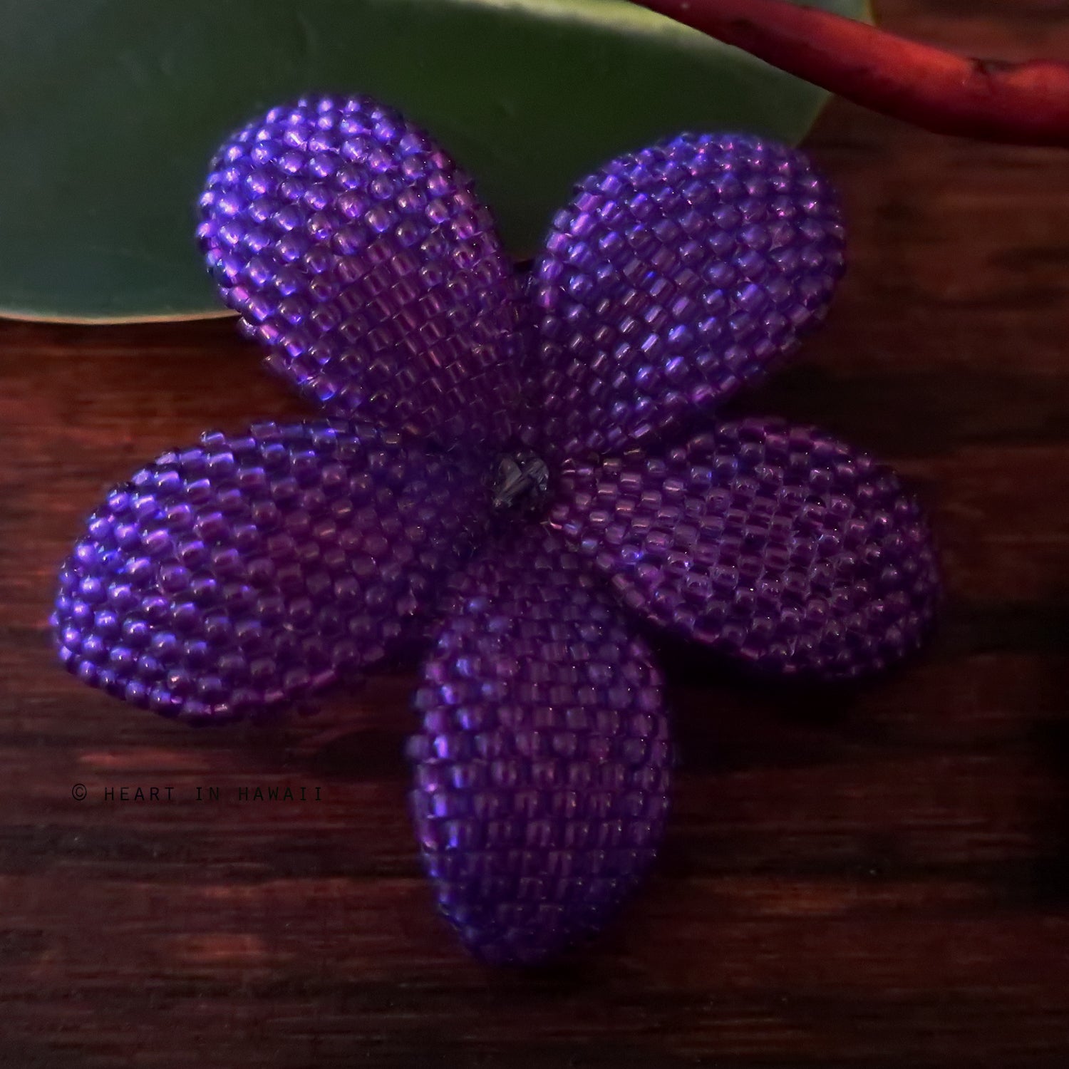 Heart in Hawaii 2 inch Beaded Plumeria Flower Brooch - Purple Tack Pin with Butterfly Clutch