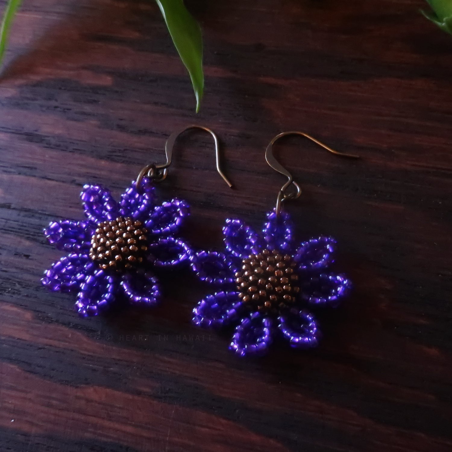 Heart in Hawaii Beaded Cosmos Flower Earrings - Purple and Bronze
