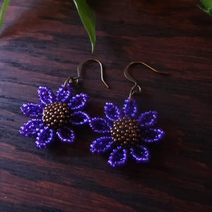 Heart in Hawaii Beaded Cosmos Flower Earrings - Purple and Bronze