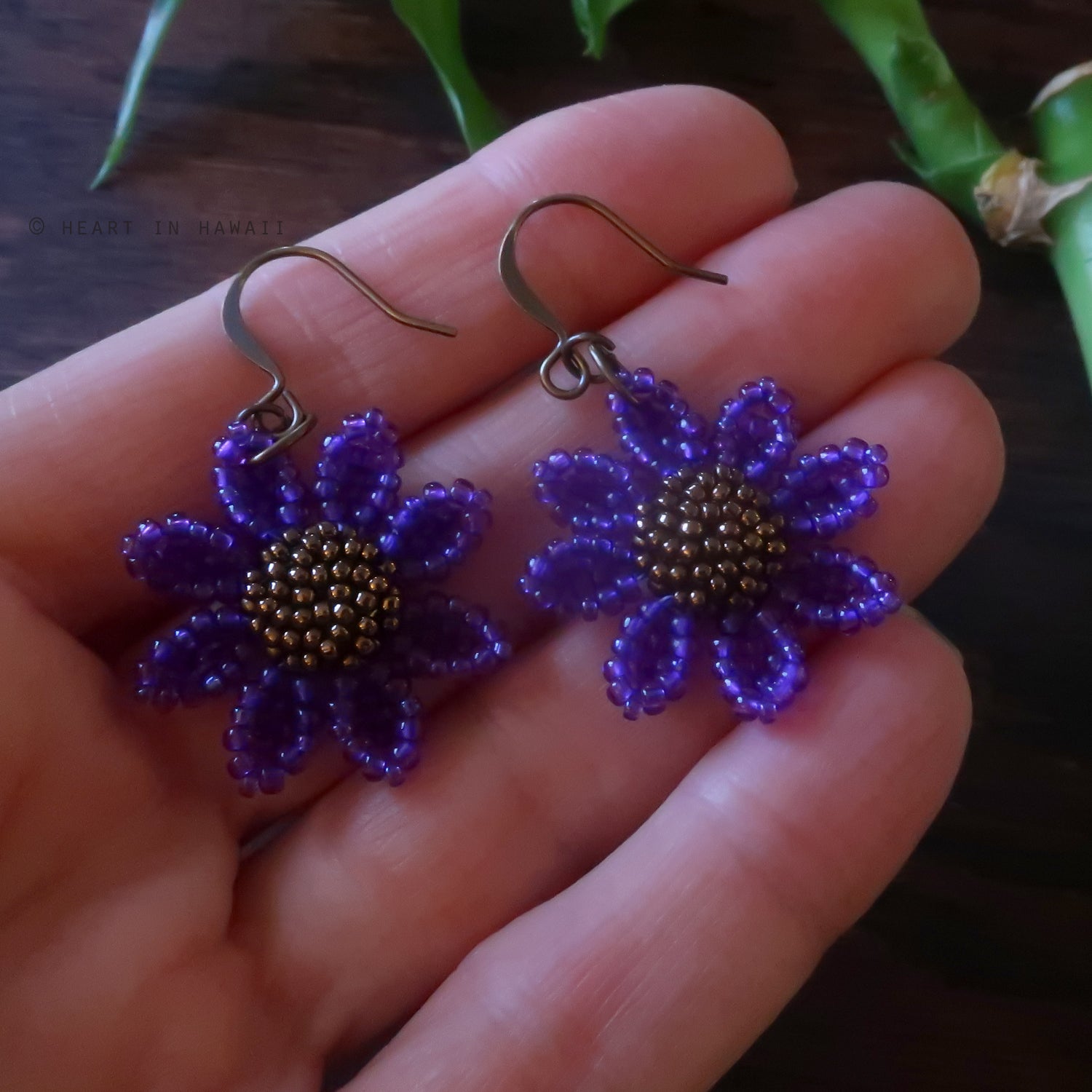 Heart in Hawaii Beaded Cosmos Flower Earrings - Purple and Bronze