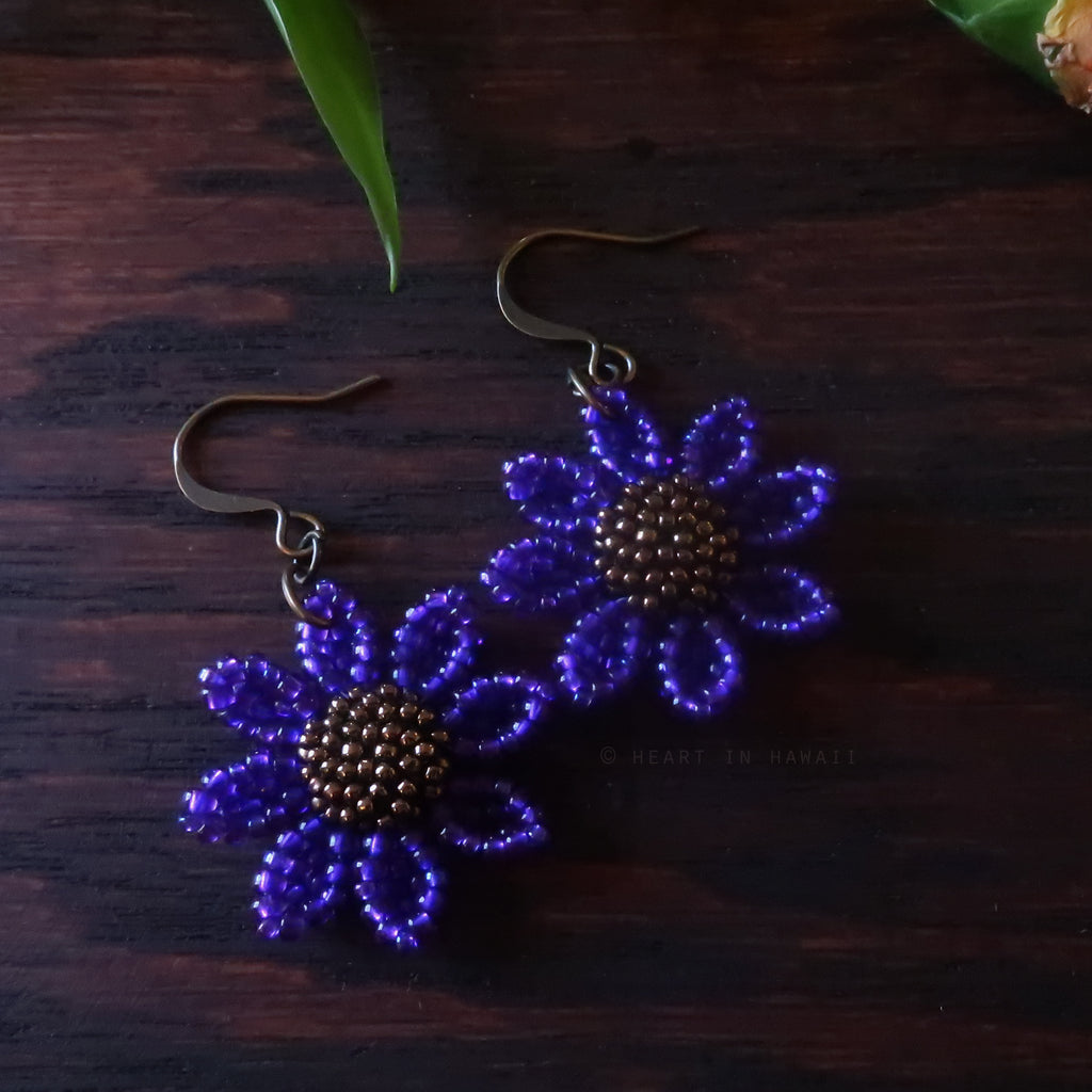 Heart in Hawaii Beaded Cosmos Flower Earrings - Purple and Bronze