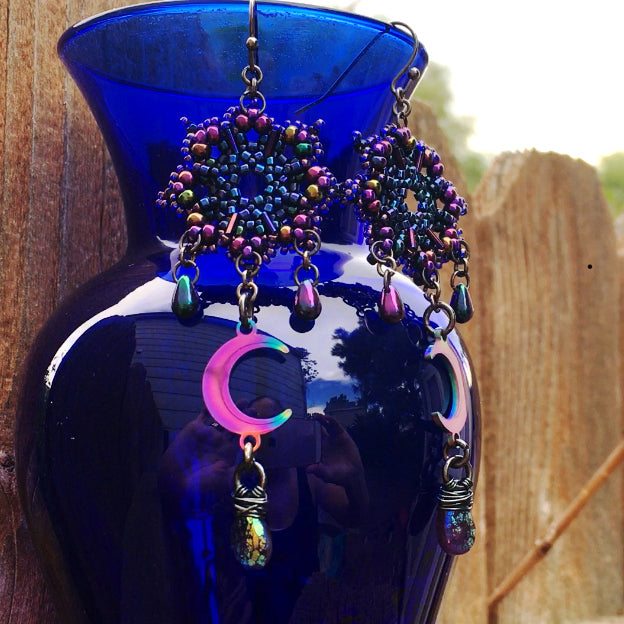 Temple Tree Galactic Purple Dharma Wheel Beaded Earrings with Amethysts