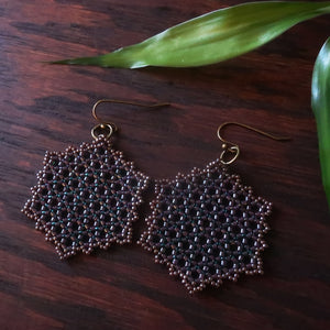 Temple Tree Hexagon Mandala Earrings - Dark Purple Lined Emerald - LargeTemple Tree Hexagon Mandala Earrings - Dark Purple Lined Emerald - Large
