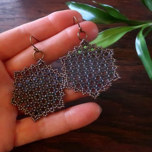 Temple Tree Hexagon Mandala Earrings - Dark Purple Lined Emerald - LargeTemple Tree Hexagon Mandala Earrings - Dark Purple Lined Emerald - Large
