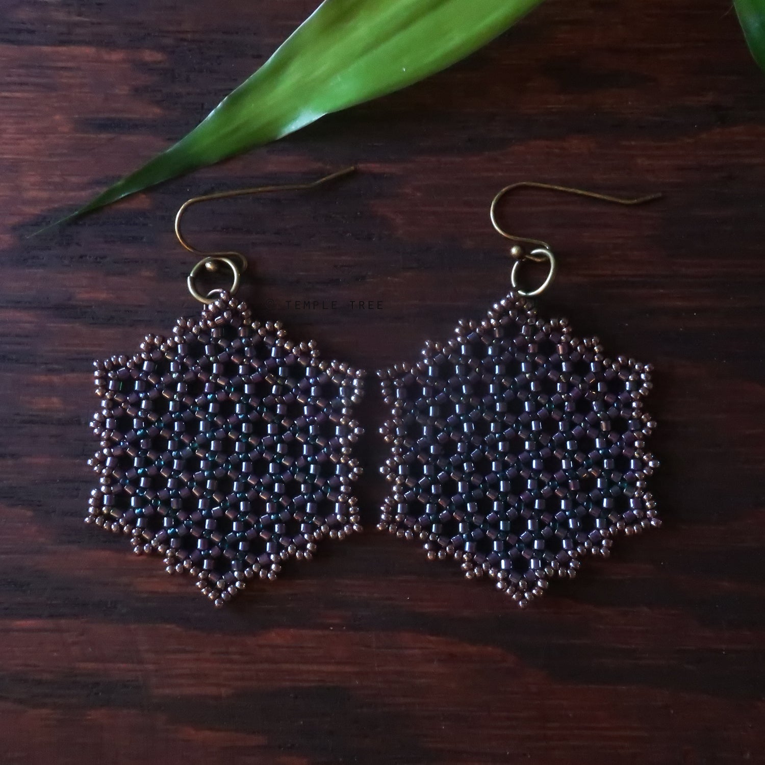 Temple Tree Hexagon Mandala Earrings - Dark Purple Lined Emerald - LargeTemple Tree Hexagon Mandala Earrings - Dark Purple Lined Emerald - Large