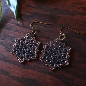 Temple Tree Hexagon Mandala Earrings - Dark Purple Lined Emerald - Medium