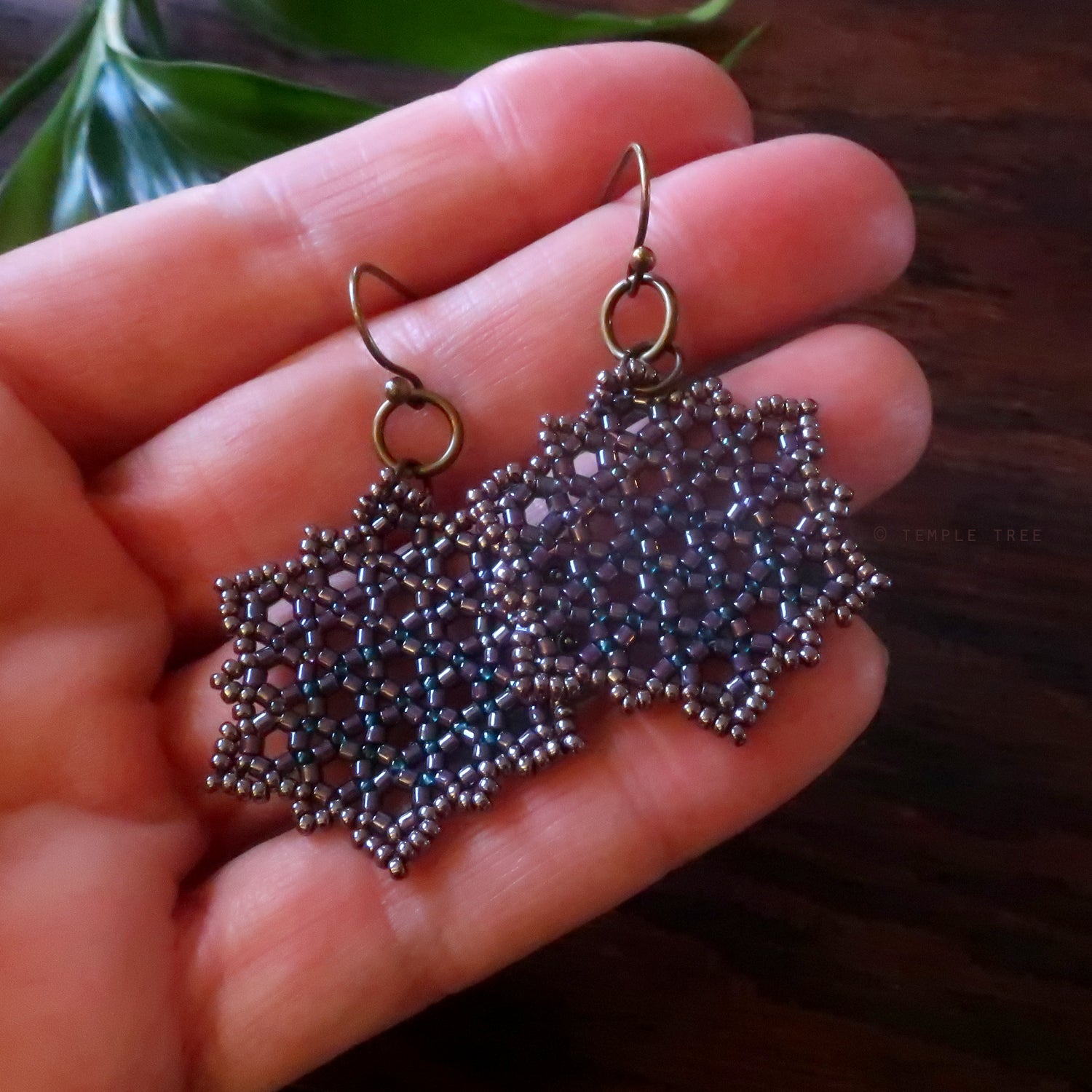 Temple Tree Hexagon Mandala Earrings - Dark Purple Lined Emerald - Medium