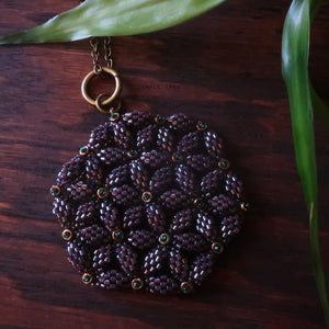 Temple Tree Flower of Life Beaded Pendant v2 - Dark Purple Lined Emerald