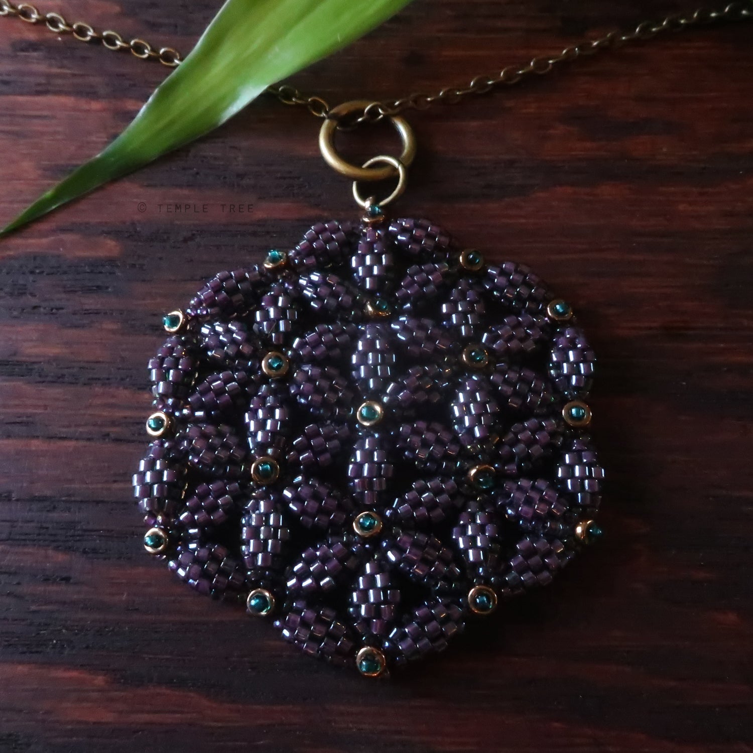 Temple Tree Flower of Life Beaded Pendant v2 - Dark Purple Lined Emerald