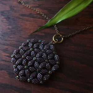 Temple Tree Flower of Life Beaded Pendant v2 - Dark Purple Lined Emerald