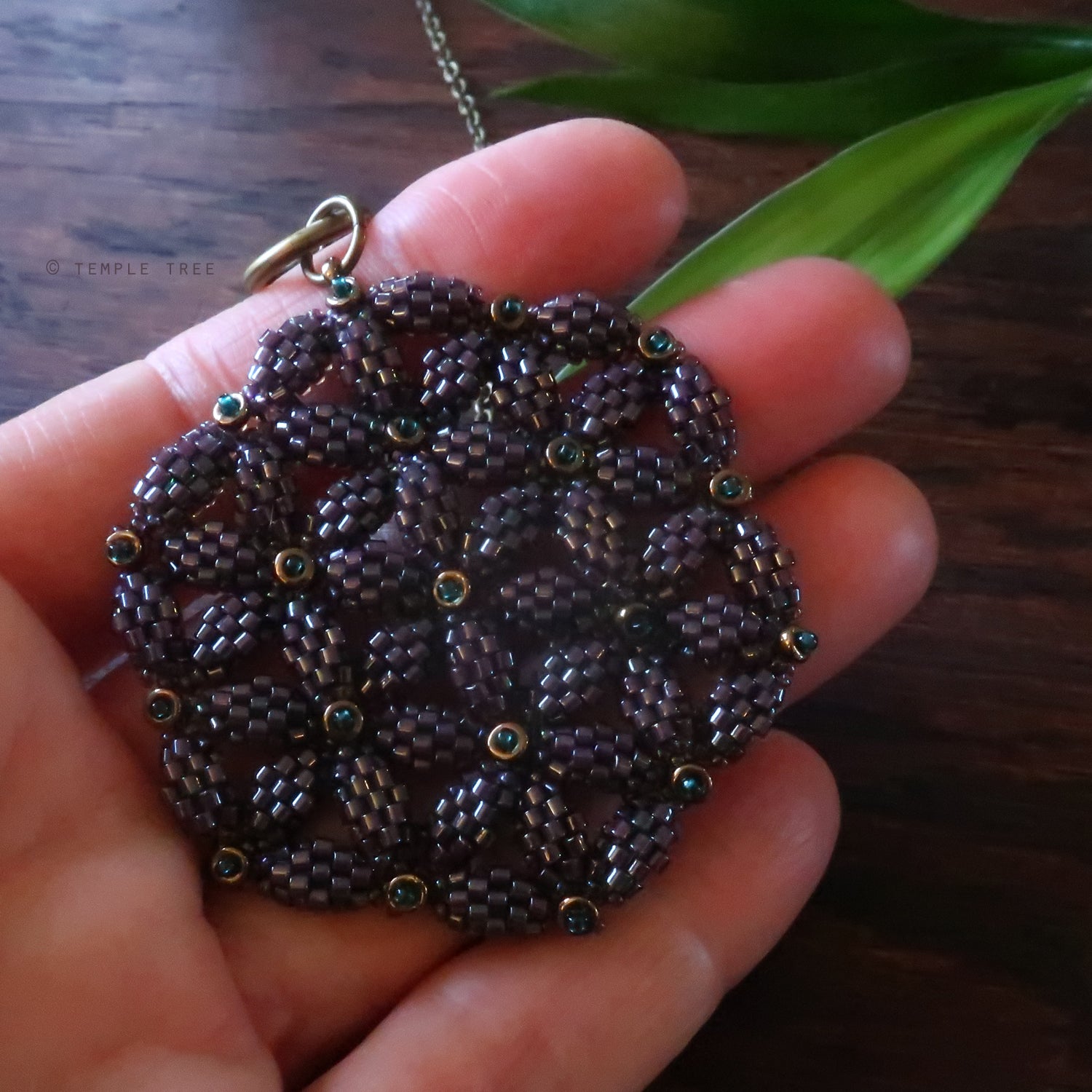 Temple Tree Flower of Life Beaded Pendant v2 - Dark Purple Lined Emerald