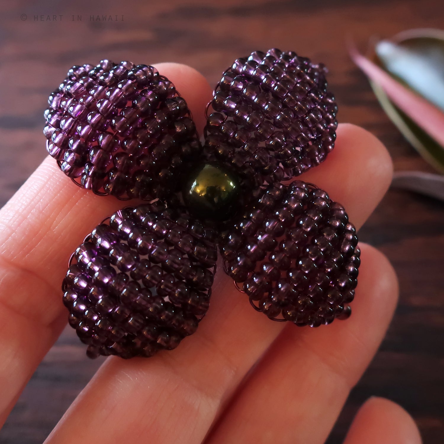 Heart in Hawaii Makalapua Quatrefoil Beaded Flower Brooch - Purple