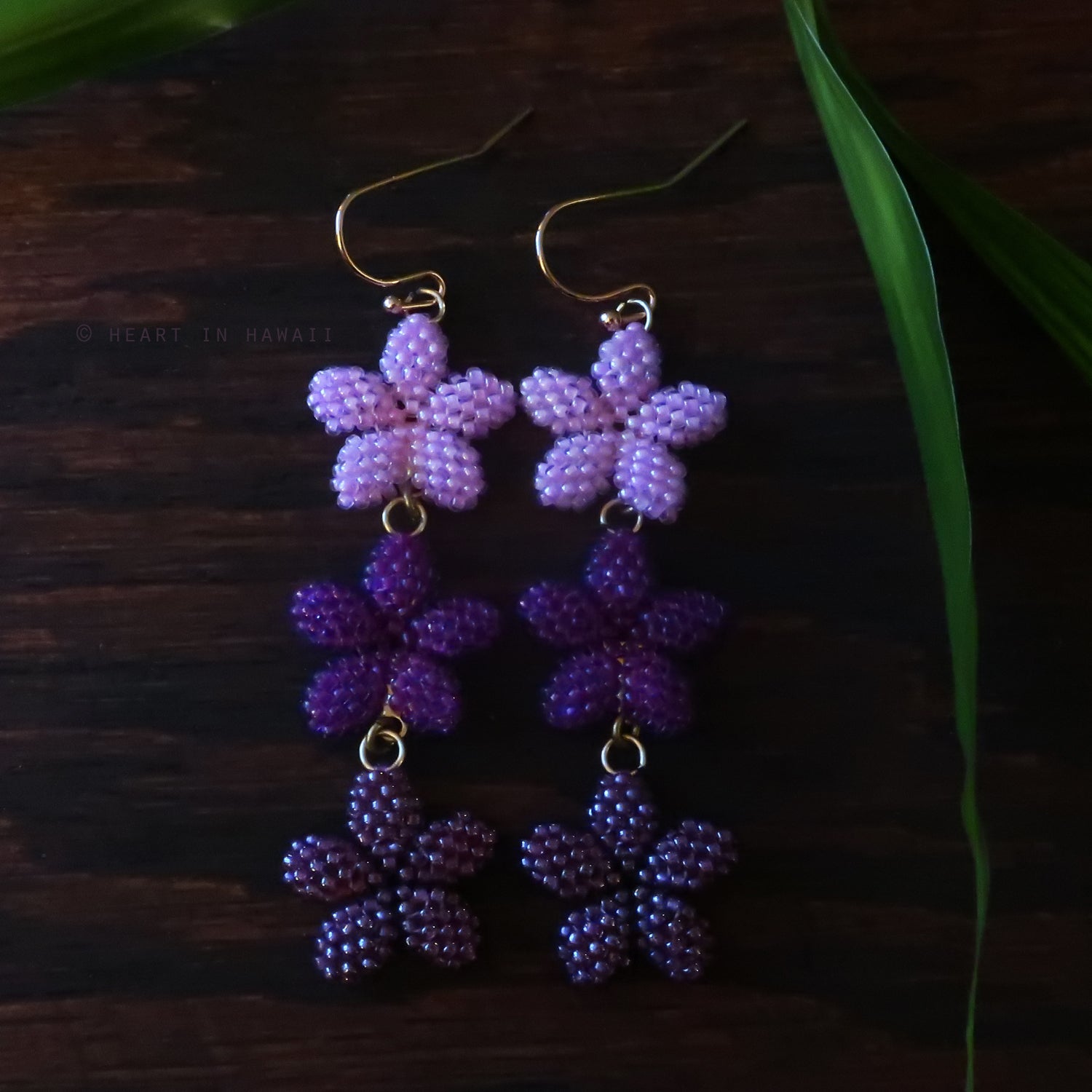 Heart in Hawaii Triple Plumeria Long Dangle Earrings - Purple Ombre