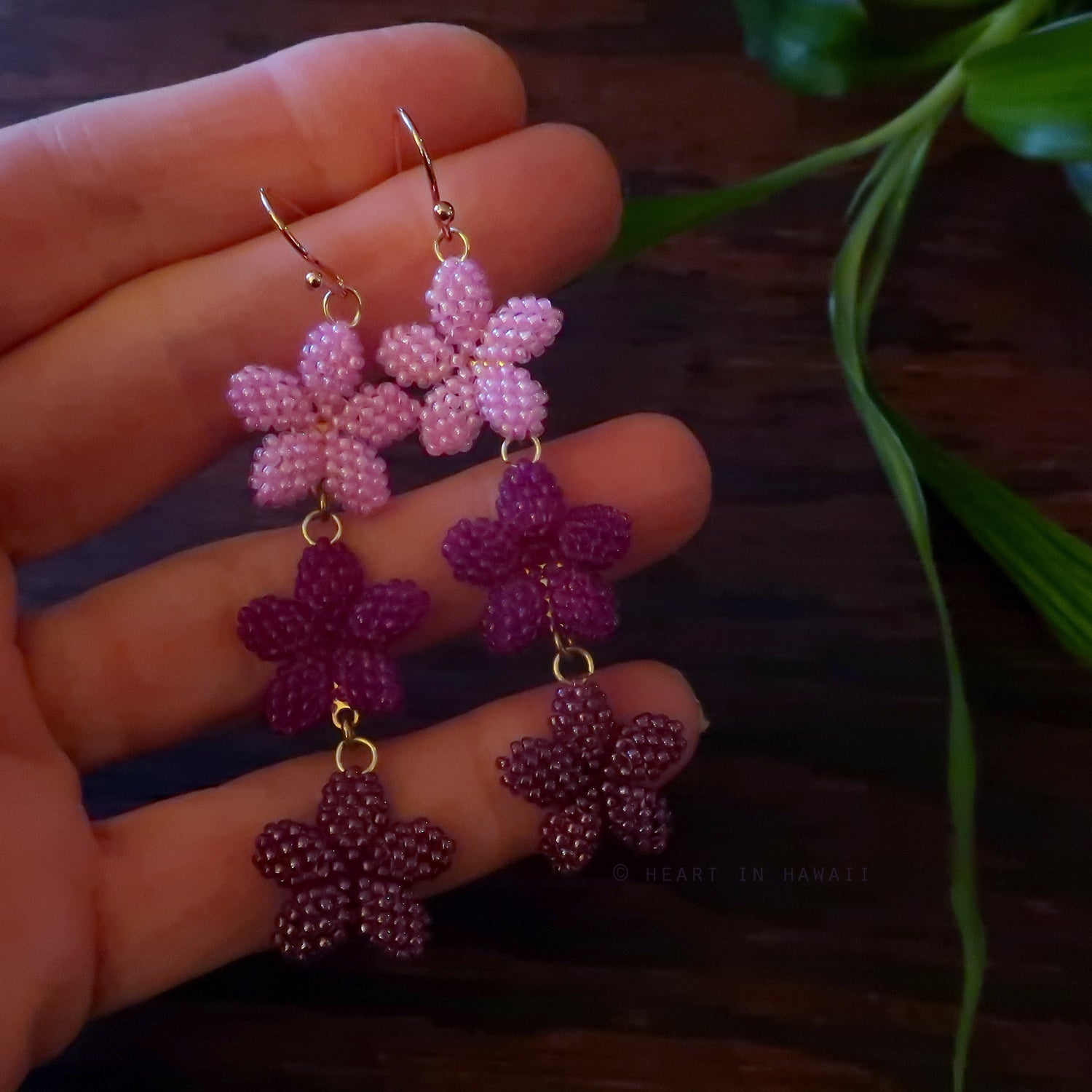 Heart in Hawaii Triple Plumeria Long Dangle Earrings - Purple Ombre