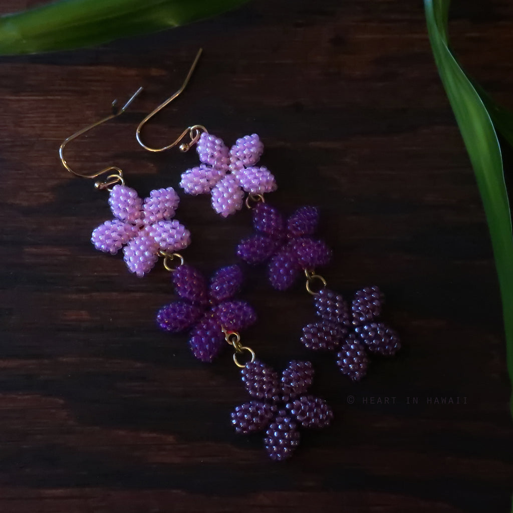 Heart in Hawaii Triple Plumeria Long Dangle Earrings - Purple Ombre