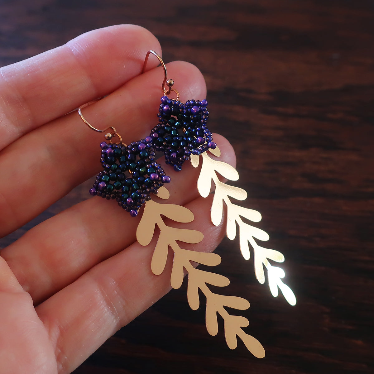 Temple Tree Mini-Flower Beaded Earrings with Rosegold Leaves