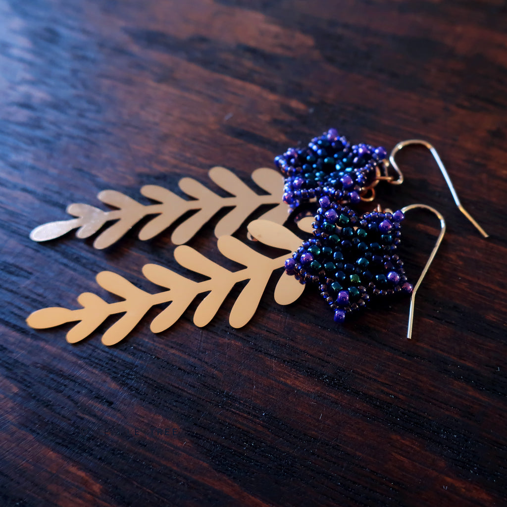 Temple Tree Mini-Flower Beaded Earrings with Rosegold Leaves