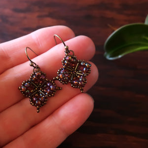 Temple Tree Quatrefoil Mandala Beaded Dangle Earrings - Rainbow Brown