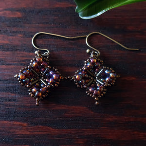 Temple Tree Quatrefoil Mandala Beaded Dangle Earrings - Rainbow Brown