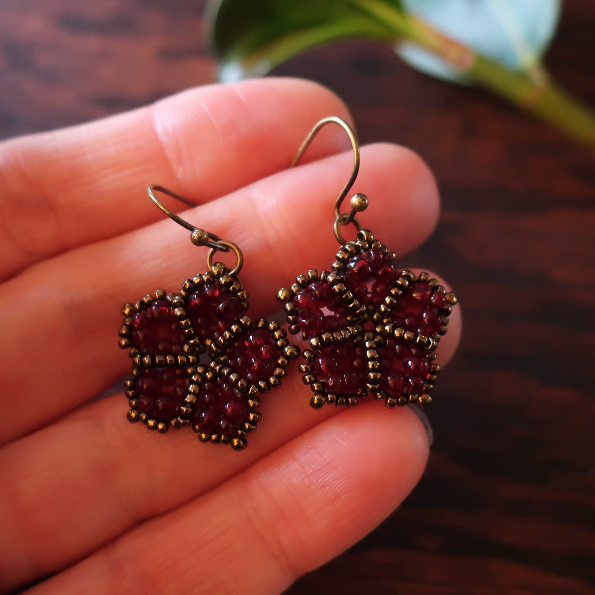 Temple Tree Mandala Flower Dangle Earrings - Dark Red and Bronze