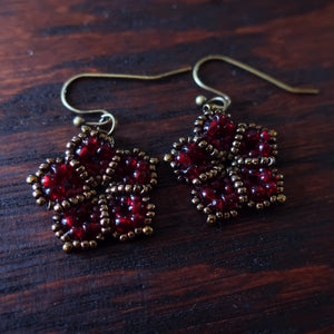 Temple Tree Mandala Flower Dangle Earrings - Dark Red and Bronze