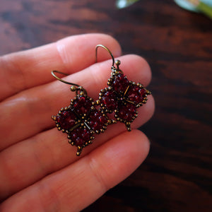 Temple Tree Quatrefoil Mandala Beaded Earrings - Dark Red and Bronze