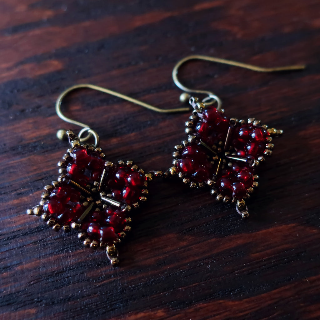 Temple Tree Quatrefoil Mandala Beaded Earrings - Dark Red and Bronze