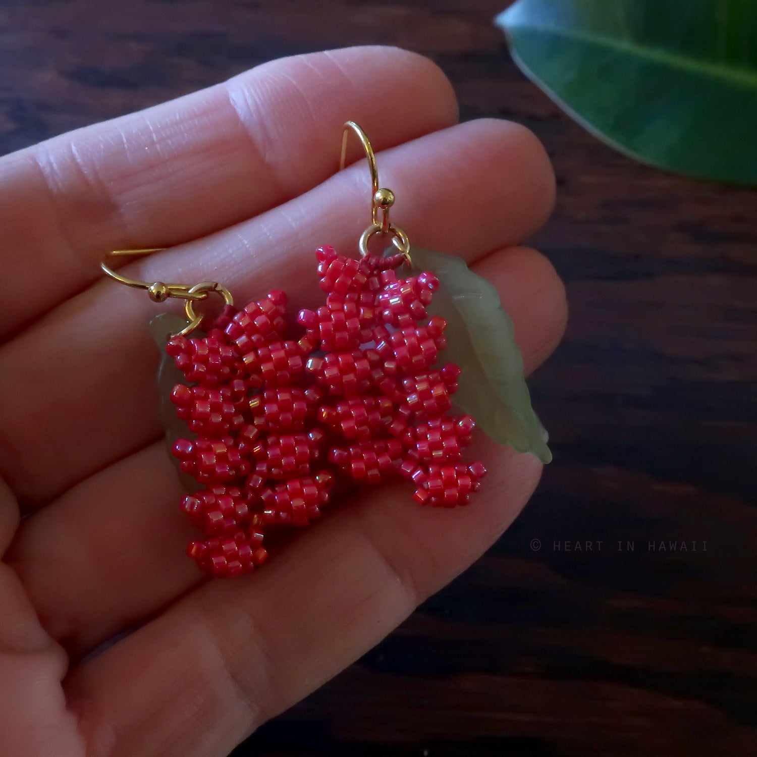 Heart in Hawaii Beaded Heliconia Earrings - Coral Red