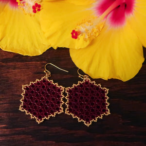 Temple Tree Hexagon Mandala Earrings - Gold-Lined Red - Large