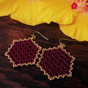 Temple Tree Hexagon Mandala Earrings - Gold-Lined Red - Large