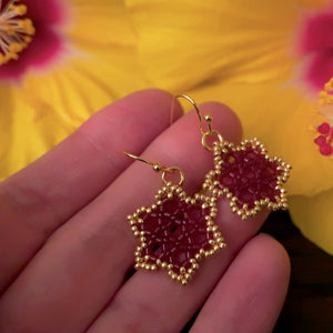 Temple Tree Hexagon Mandala Earrings - Gold-Lined Red - Tiny