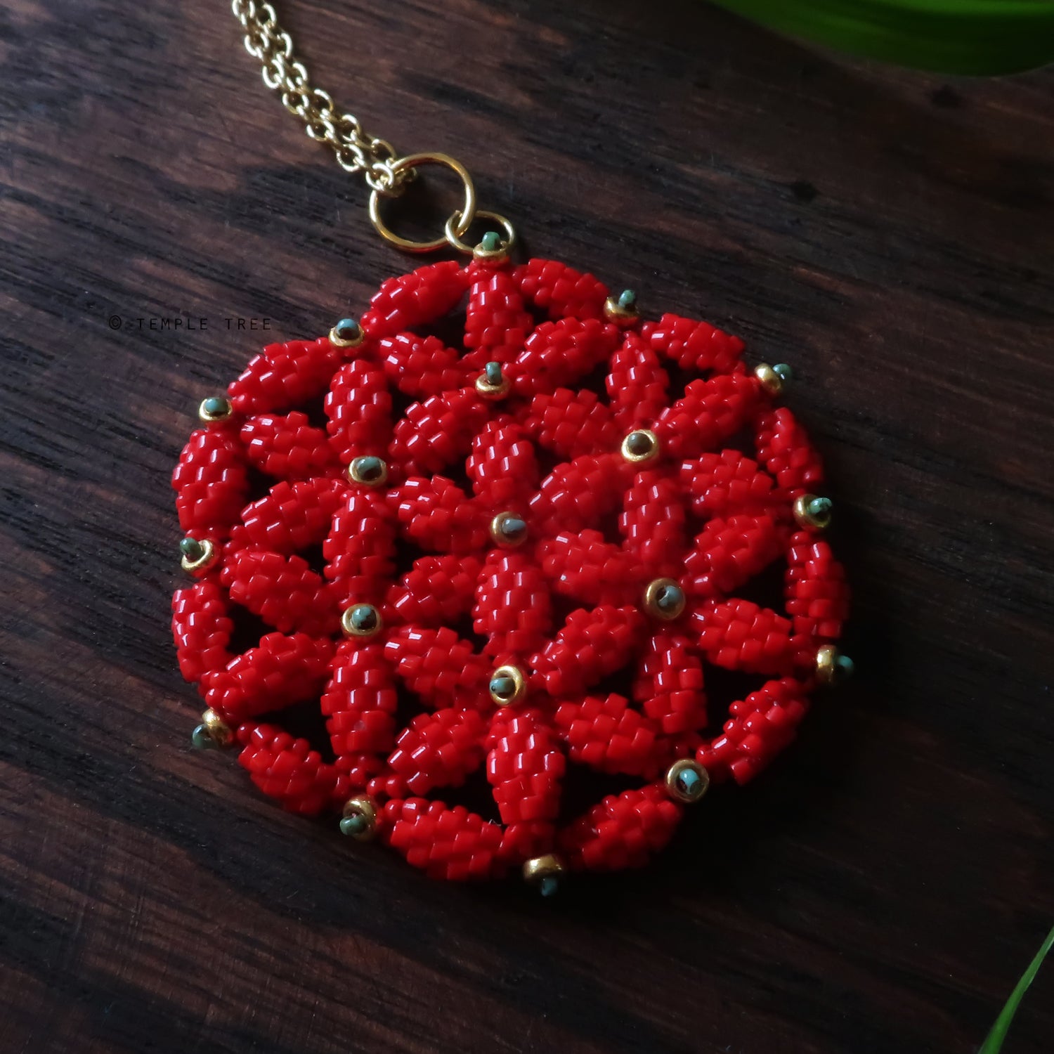 Temple Tree Flower of Life Beaded Pendant v2 - Red and Gold