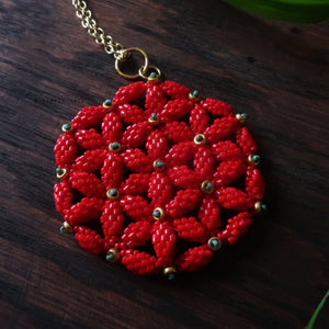 Temple Tree Flower of Life Beaded Pendant v2 - Red and Gold